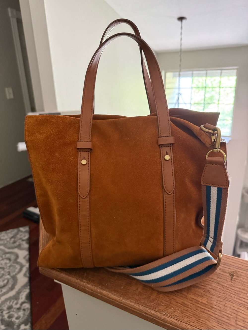 Fossil Suede Tote in Cognac Brown with Striped Blue Strap